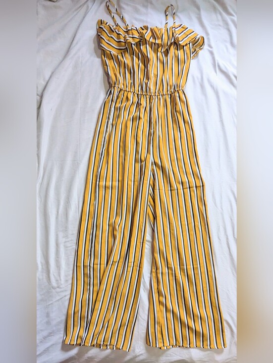Bluenotes Pants - Size Small Bluenotes EUC Yellow White Striped Wide Leg Ruffle Jumpsuit Romper